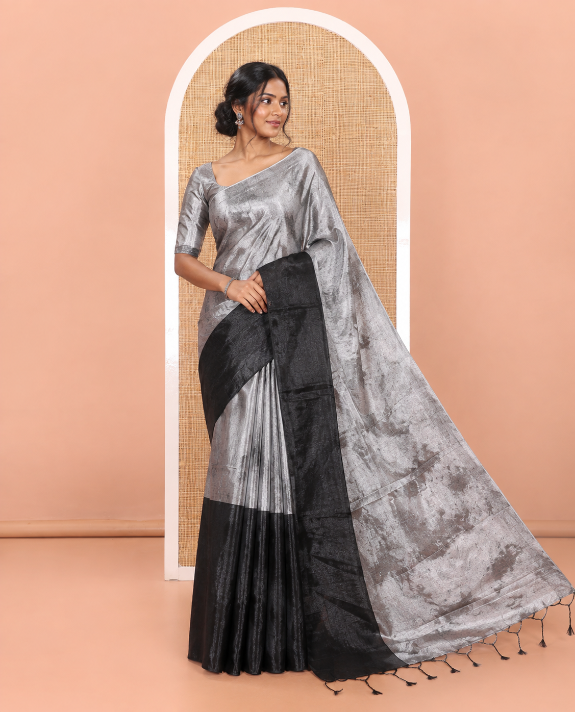 Silver and black half-and-half plain khadi tissue saree with a self-pallu and a matching blouse