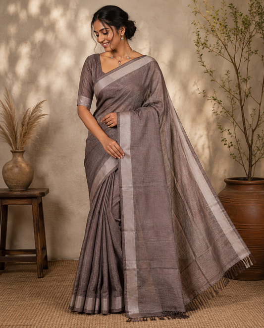 Brown Linen Cotton Saree, Gleamed Up with Gold Zari Stripes, Plain Border, a Self-Pallu, and No Blouse