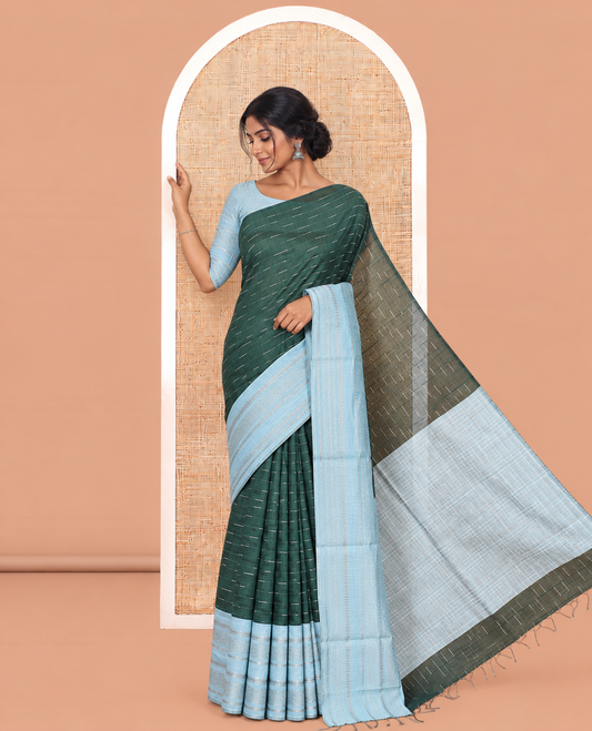 Green Semi-Raw Silk Saree, Subtly Sparkled with Thread Stripes, a Contrast Traditional Zari Border, Checked Pallu, and a Contrast Blouse