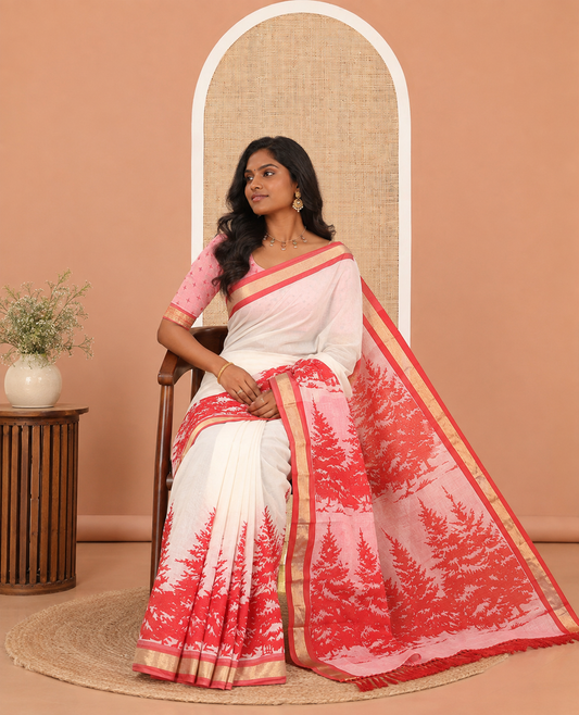 Cream-Red Kerala Cotton Saree Features Tree Print, Contrast Border, and a Contrast Blouse