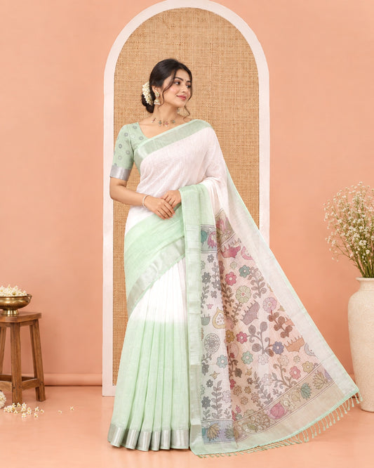 Cream and Green Linen Cotton Saree, Beautified with Ombre-Style Double-Color Print, Highlighted by Contrast Zari Bavanji Border, Pallu Pictures Floral Prints, and Paired with a Floral Printed Blouse