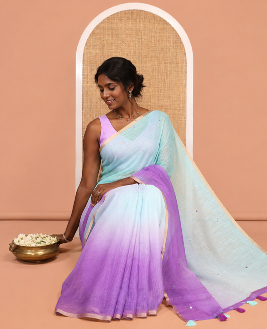 Purple Linen Cotton Saree Features Ombre-Style Dyed and Mirrorwork, a Subtle Piping Border, and a Matching Blouse