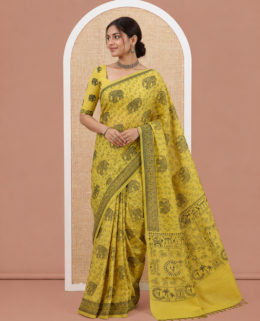 Yellow South Cotton Saree Features Leaf and Elephant Motifs Print, a Subtle Printed Border, and a Matching Blouse