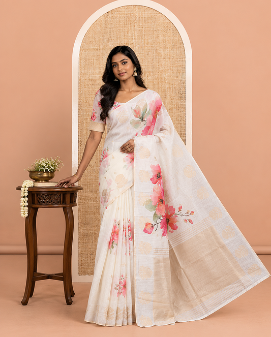 Borderless Cream Chanderi Cotton Saree Features Buttas and Floral Print, Zari-Rich Pallu, and Matching Blouse