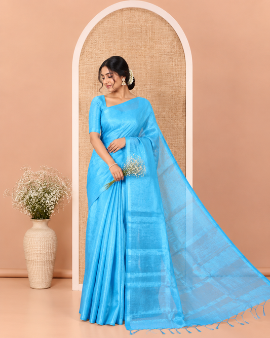 Borderless Blue Plain Khadi Tissue Saree, a Self-Pallu, and Paired with a Matching Blouse