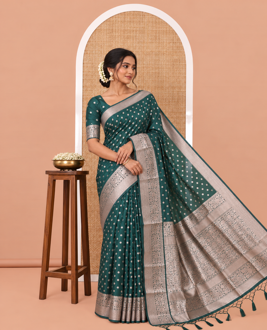 Green Elite Soft Silk Saree, Elevated with Rudraksham Zari Buttas, Traditional Zari Border, Rich Pallu, and a Matching Blouse