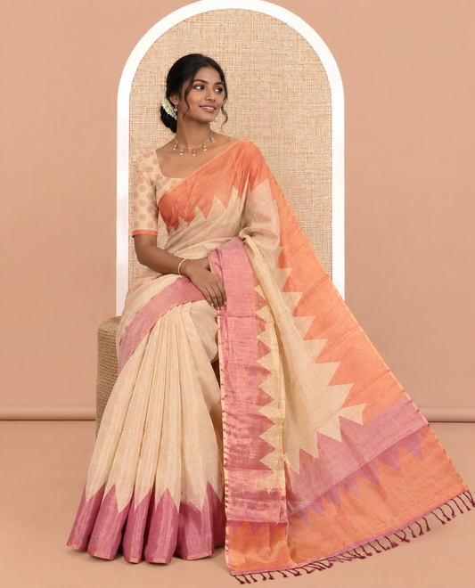 Gold-Violet-Rust Plain Tissue Saree, Complemented by Contrast Ganga-Jamuna Temple Border, a Matching Blouse