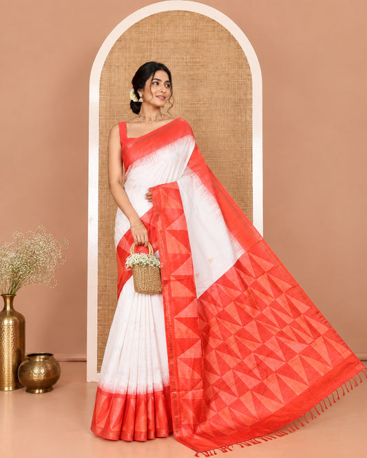 Cream and Red Semi-Tussar Saree, Subtly Sparkled with Stripes, Temple Motifs, and Circle Motifs on Its Body, Complemented by a Contrast Border, and Pallu of Geometric Print, and Paired with a Contrast Blouse