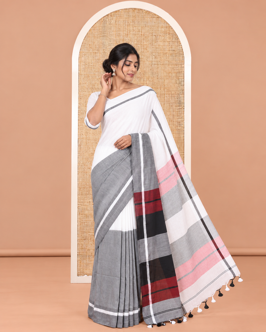 White-Grey Half-And-Half Plain Khadi Cotton Saree, a Self-Border, Striped Pallu, and No Blouse