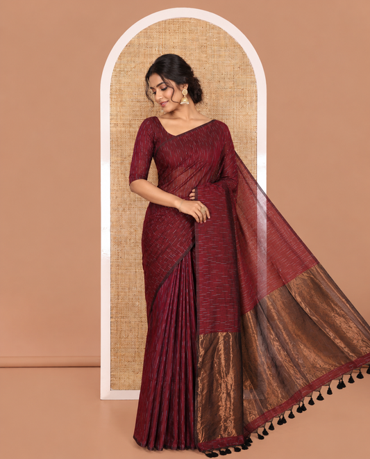Borderless Maroon  Khadi Mul Cotton Saree Decked with Jharna-Style Waterdrop Motifs, Featuring a Gleaming Zari-Woven Pallu, Paired with a Matching Blouse Replicating the Body Motifs