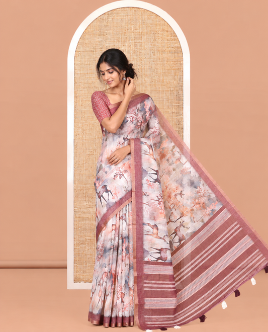 Maroon Linen Cotton Saree, Decorated with Floral and Deer Motifs Print, a Contrast Border, Striped Pallu, Contrast Blouse