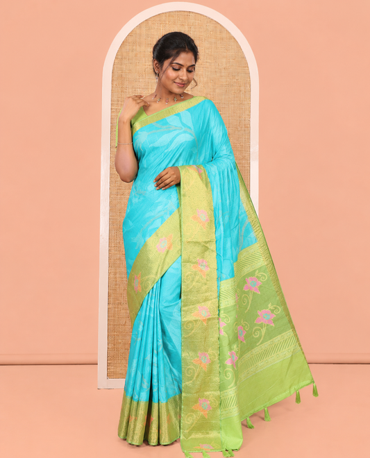 Rama Manipuri Silk Saree, Adorned with Pochampally-Style Floral Vine, a Contrast Floral Creeper Border, Floral Pallu, a Contrast Blouse