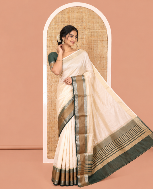 Cream-Green Art Tussar Saree, Contrast Rettai Pettu Traditional Border, Zari Striped Pallu, and a Contrast Blouse