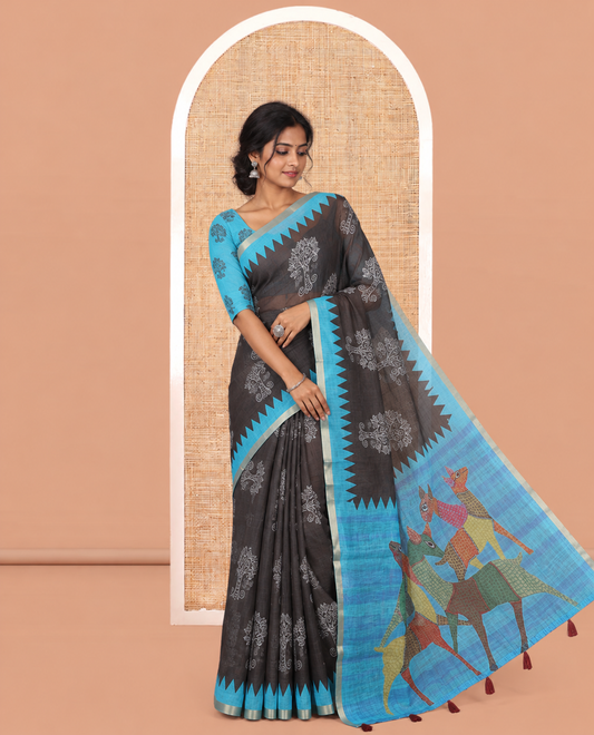 Brown Linen Cotton Saree Features Tree Motifs, Contrast Temple Border, Animal Motif Pallu, Contrast Blouse