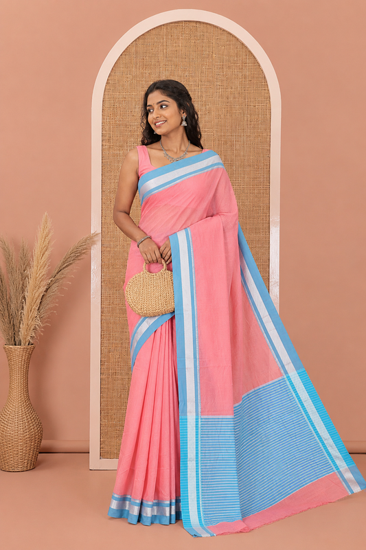 Pink Mercerised Cotton Saree with Sparse Stripes, a Contrast Temple Border, Striped Pallu, and a Matching Blouse