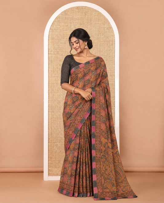 Multi-color intricate floral printed kimaya saree, ogee printed border, intricately printed pallu & contrast color printed blouse