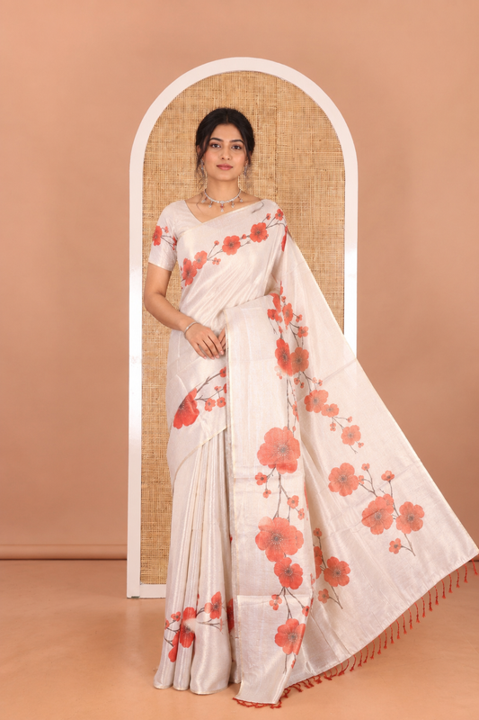 Gold Plain Tissue Saree, Ornamented with a Floral Printed Border and a Matching Blouse
