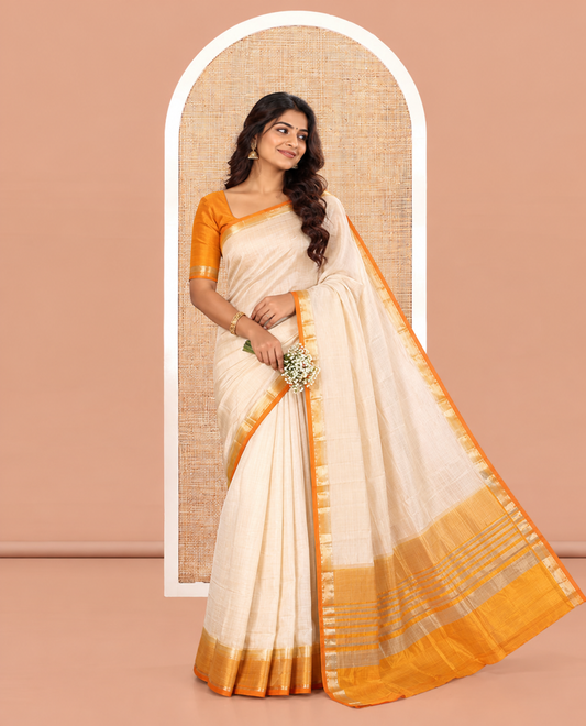 Cream-Mustard Plain Art Tussar Saree