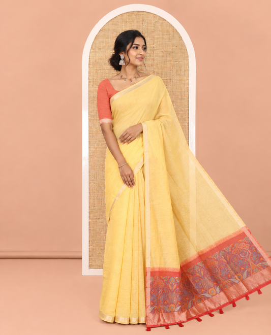 Yellow Plain Jamdani Cotton Saree, Highlighted by a Golden Zari Border, Pallu of Kashmiri-Style Weaving, and Paired with a Contrast Striped Blouse