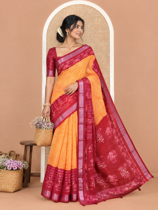 Orange Jute Linen Cotton Saree, Finely Crafted with Batik Print, Contrast Batik-Printed Zari Border, Batik-Printed Pallu, a Contrast Blouse