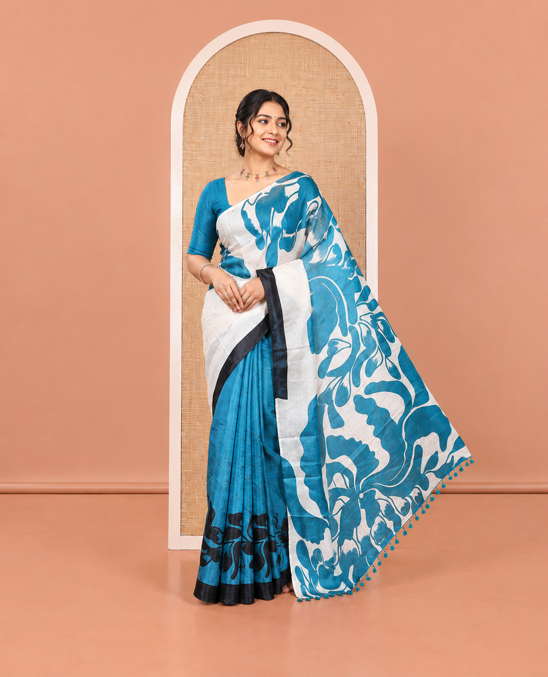 Cream and Blue Art Khadi Cotton Saree, Adorned With Half-and-Half-style Floral Print On Its Body, Highlighted by Contrast Piping Border, Self-Pallu and Paired with a Contrast Blouse