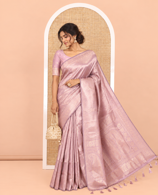 Lavender Elite Soft Silk Saree Features Jacquard Design, a Zari Border, Paisley Pallu, Matching Blouse