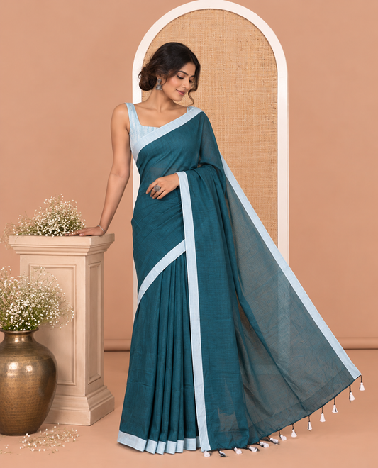Peacock Green Plain Khadi Cotton Saree, a Contrast Border, a Self-Pallu, and No Blouse