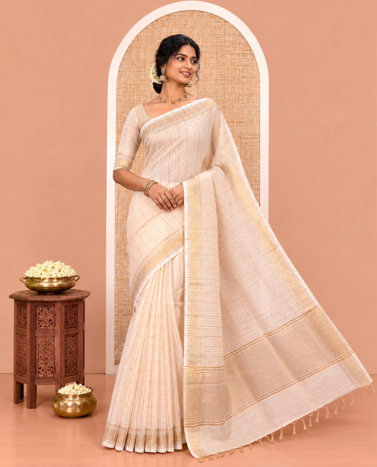 Cream Bhagalpur Cotton Saree, Elevated with Micro-Checks, a Temple Zari Traditional Border, Zari Woven Pallu, and a Matching Blouse