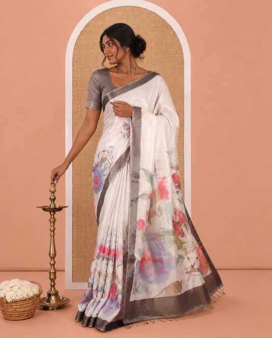 Gold Tissue Saree, Elevated with Colorful Floral Print, a Contrast Plain Border, Floral Printed Pallu, and a Contrast Blouse