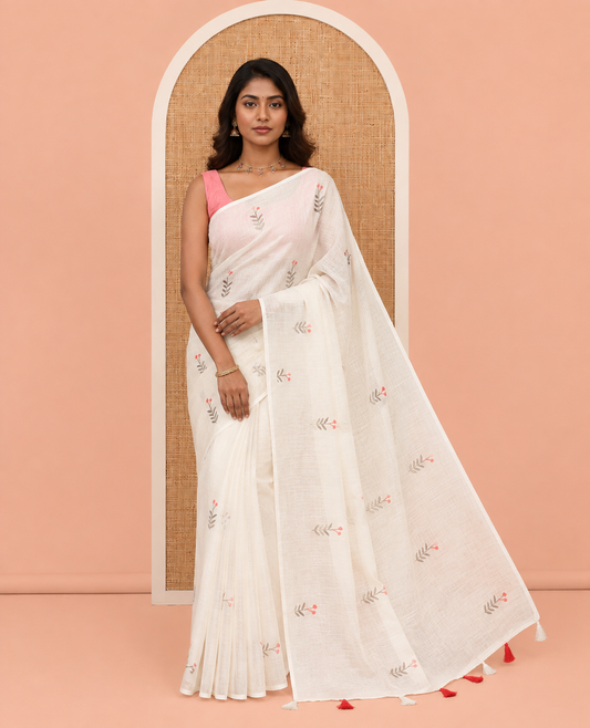Borderless Cream-Pink Linen Cotton Saree, Prettified with Floral Buttas, a Self-Pallu, and a Contrast Blouse
