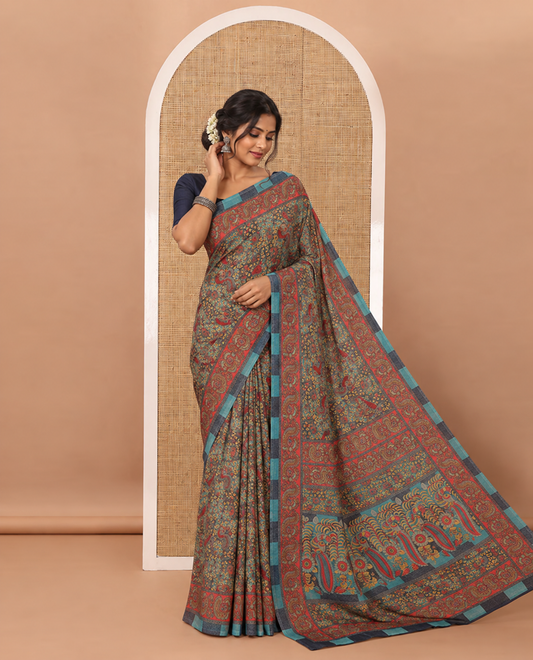 Blue intricate floral & bird printed kimaya saree, peacock printed border, printed pallu & contrast printed blouse