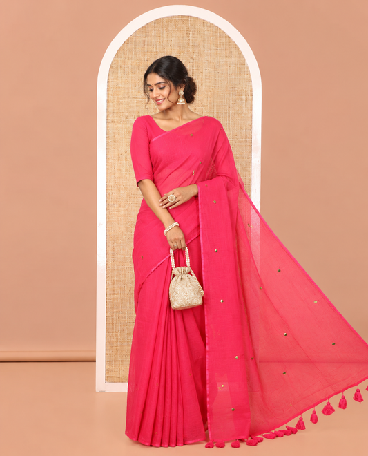 Borderless Rani Pink Khadi Mul Cotton Saree, Subtly Sparkled with Sequin Work on Its Body and Pallu, and Paired with a Matching Blouse