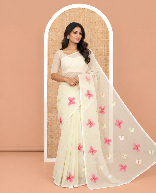 Yellowish Green Kota Doria Saree, Delicately Woven with Butterfly Buttas, a Lace Border, a Matching Blouse