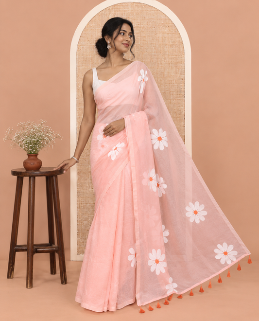Borderless Peach Daisy Flower Printed Khadi Mul Cotton Saree Without Blouse