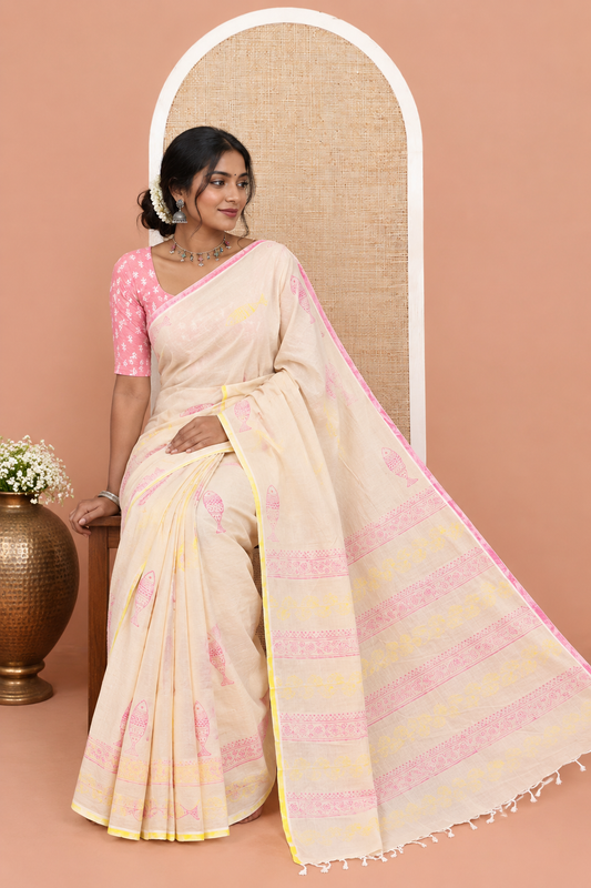 Borderless Cream Fish Buttas South Cotton Saree, a Printed Pallu, a Matching Blouse, a Contrast Block-Printed Blouse