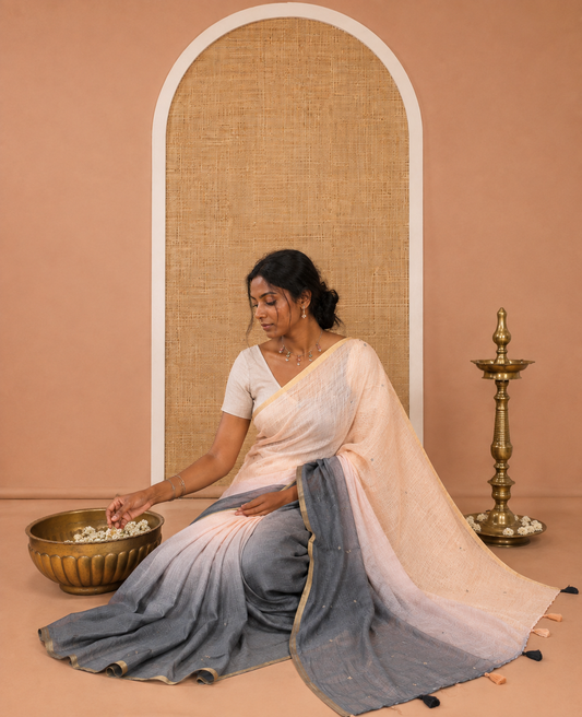 Grey Linen Cotton Saree Features Ombre-Style Dyed and Mirrorwork, a Subtle Piping Border, and a Matching Blouse