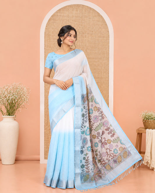 Cream and Blue Linen Cotton Saree, Beautified with Ombre-Style Double-Color Print, Highlighted by Contrast Zari Bavanji Border, Pallu Pictures Floral Prints, and Paired with a Floral Printed Blouse