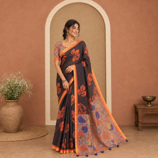 Black and Orange Linen Cotton Saree, Adorned with Floral Motifs and Checked Design on Its Body, Complemented by a Contrast Border, Pallu of Kalamkari Floral and Peacock Design, and Paired with a Contrast Blouse