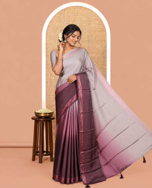 Grey-Wine Plain Ombre-Style Satin Crepe Saree