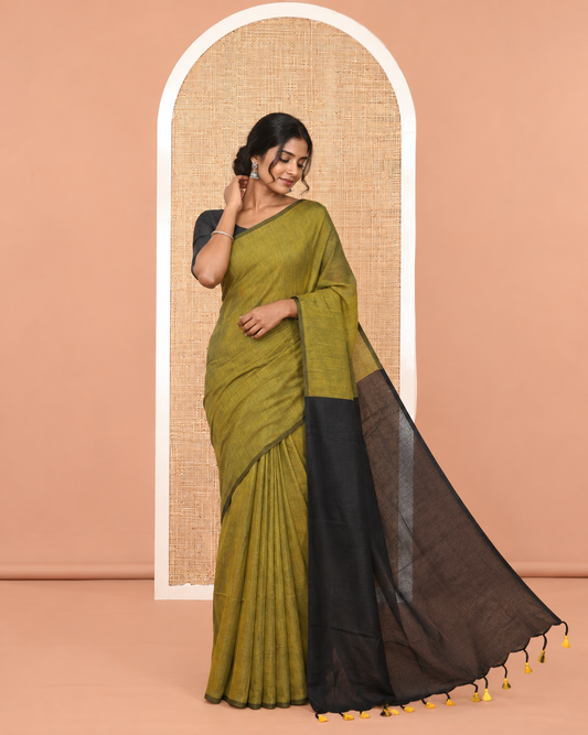 Borderless Mehendi Plain Design Khadi Cotton Saree