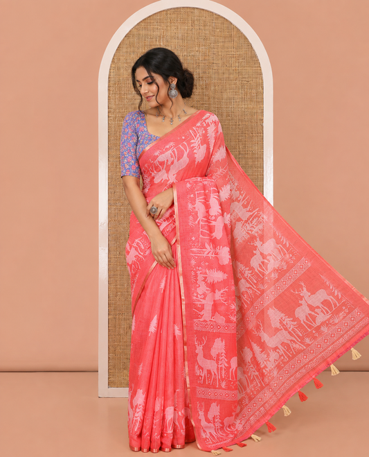 Pink Christmas-Themed Linen Cotton Saree, a Subtle Piping Border, a Christmas-Themed Print Pallu, a Contrast Blouse