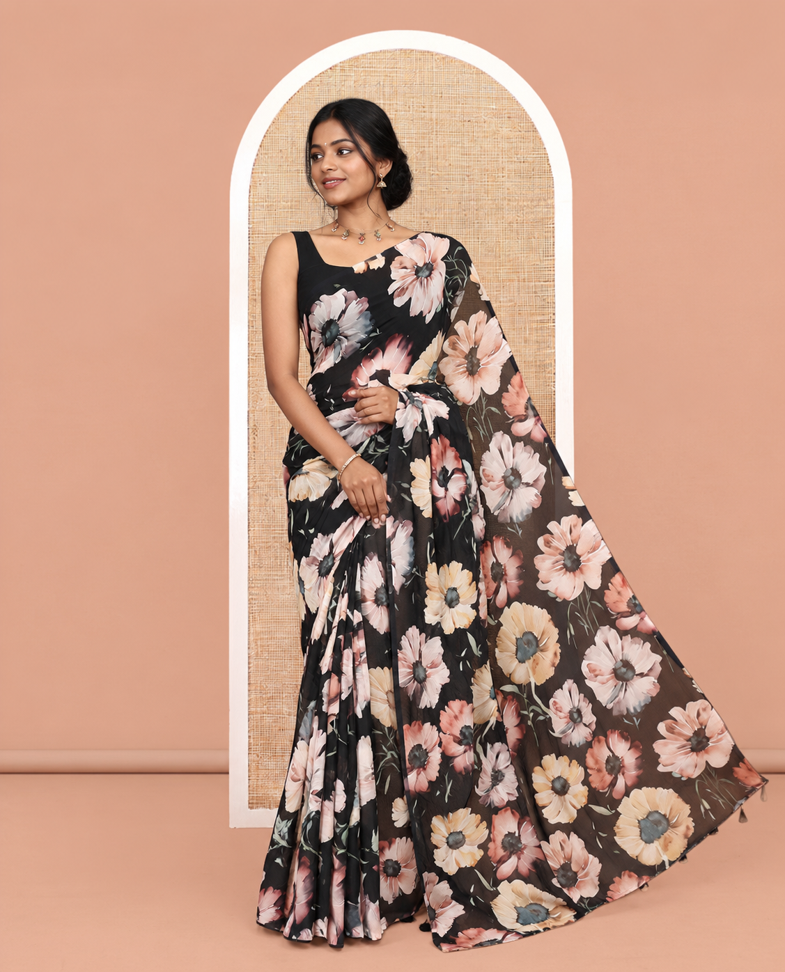 Borderless Black Chiffon Saree, Accentuated with Floral Motif Print, a Self-Pallu, and No Blouse
