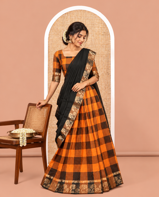 Brown-Orange Chettinad Half-Cotton Saree