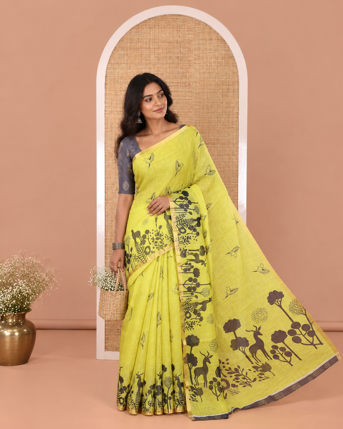 Lemon Yellow Linen Cotton Saree, Accentuated with Flora-Fauna Print, a Piping Border, Printed Pallu and a Contrast Blouse