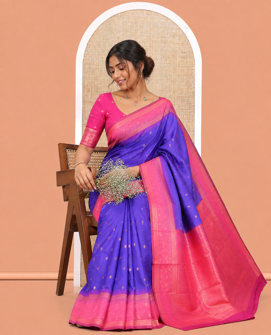Violet Art Kanchi Silk Saree, Adorned with Buttas, a Contrast Traditional Zari Border, Intricate Pallu, and a Contrast Blouse