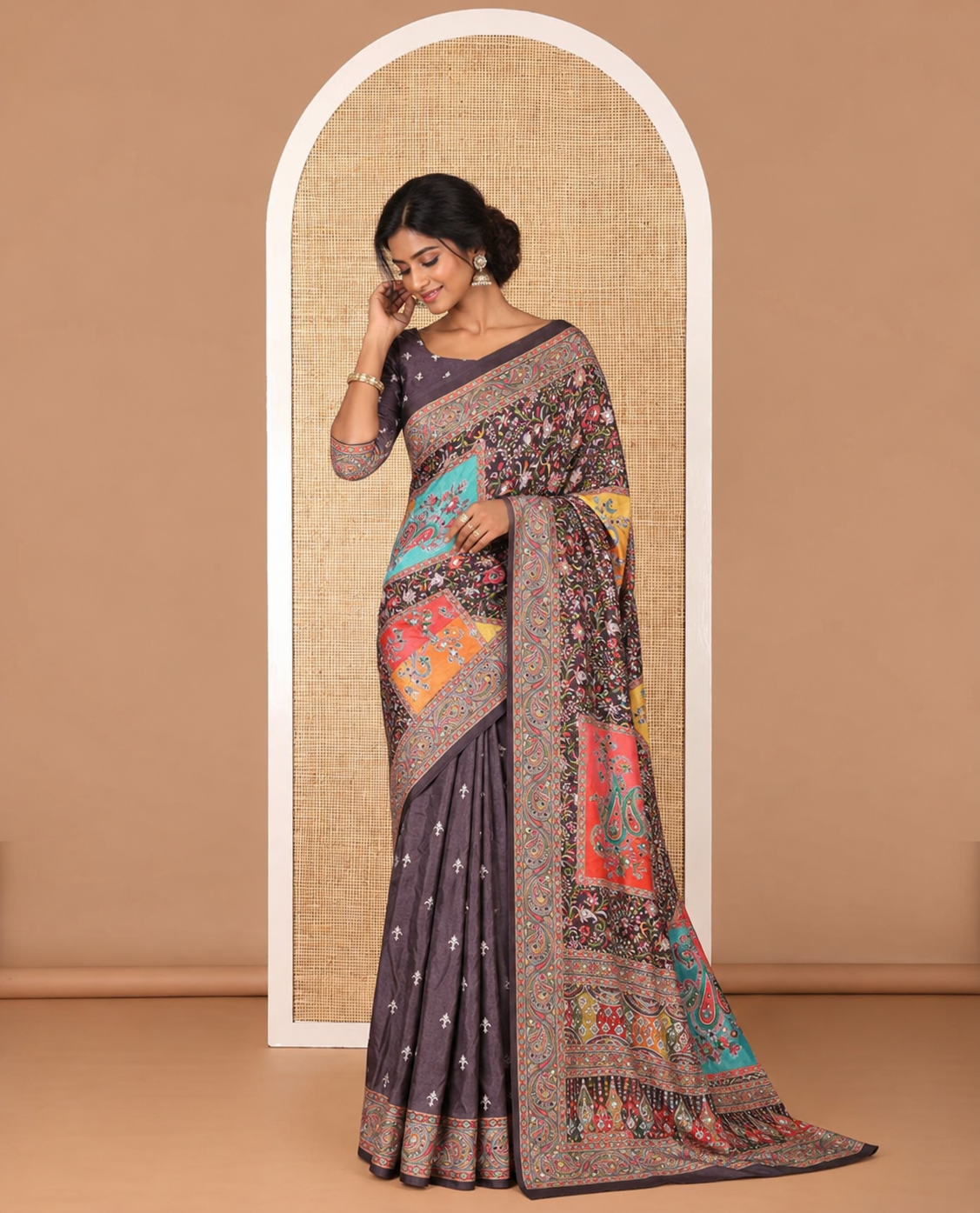 Black printed, mirror work synon silk saree with printed border, mirror work & printed pallu along with butta printed blouse