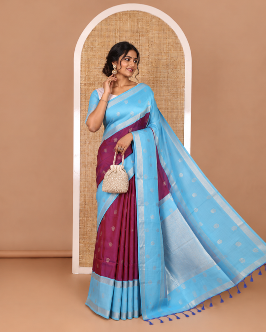 Magenta Zari Buttas Soft Silk Saree Contrast Zari Design Border Intricate Jaal Pallu And Contrast Zari Design Blouse