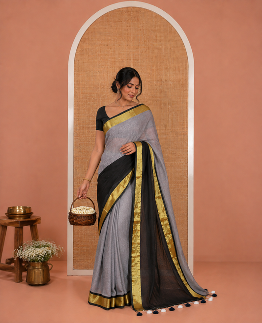 Off-White-Black Plain Khadi Mul Cotton Saree, a Bavanji Border, a Self-Pallu, and a No Blouse