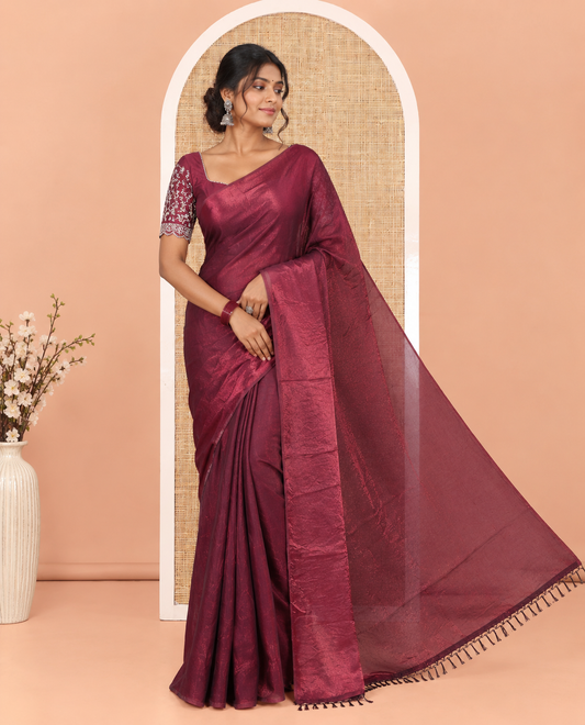 Borderless Purple Plain Fendi Chiffon Saree, a Self-Pallu, and a Matching Peacock Embroidered Blouse