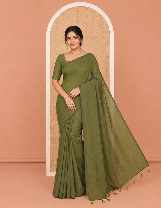 Borderless Olive Green Plain Khadi Cotton Saree, a Self-Pallu with Tassels, and a Matching Blouse